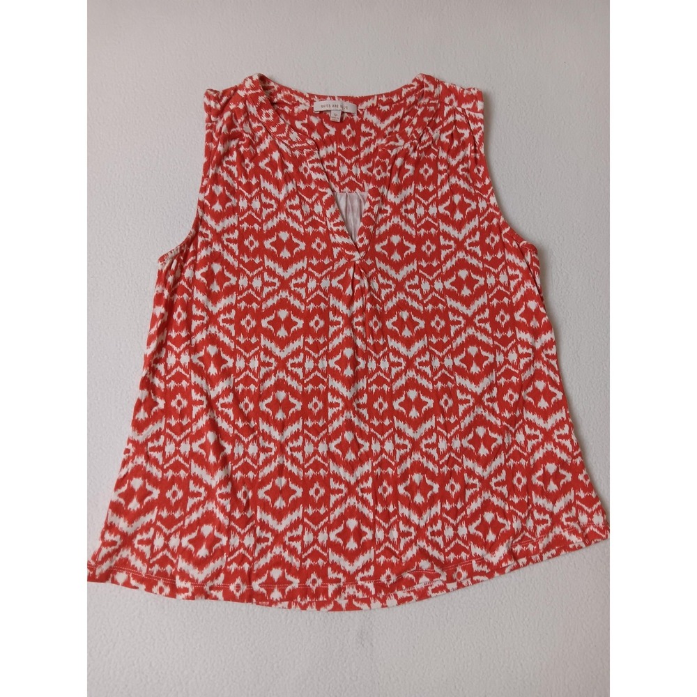 SKIES ARE BLUE Blouse Womens S Orange Geometric Jersey V-Neck Sleeveless Pleated